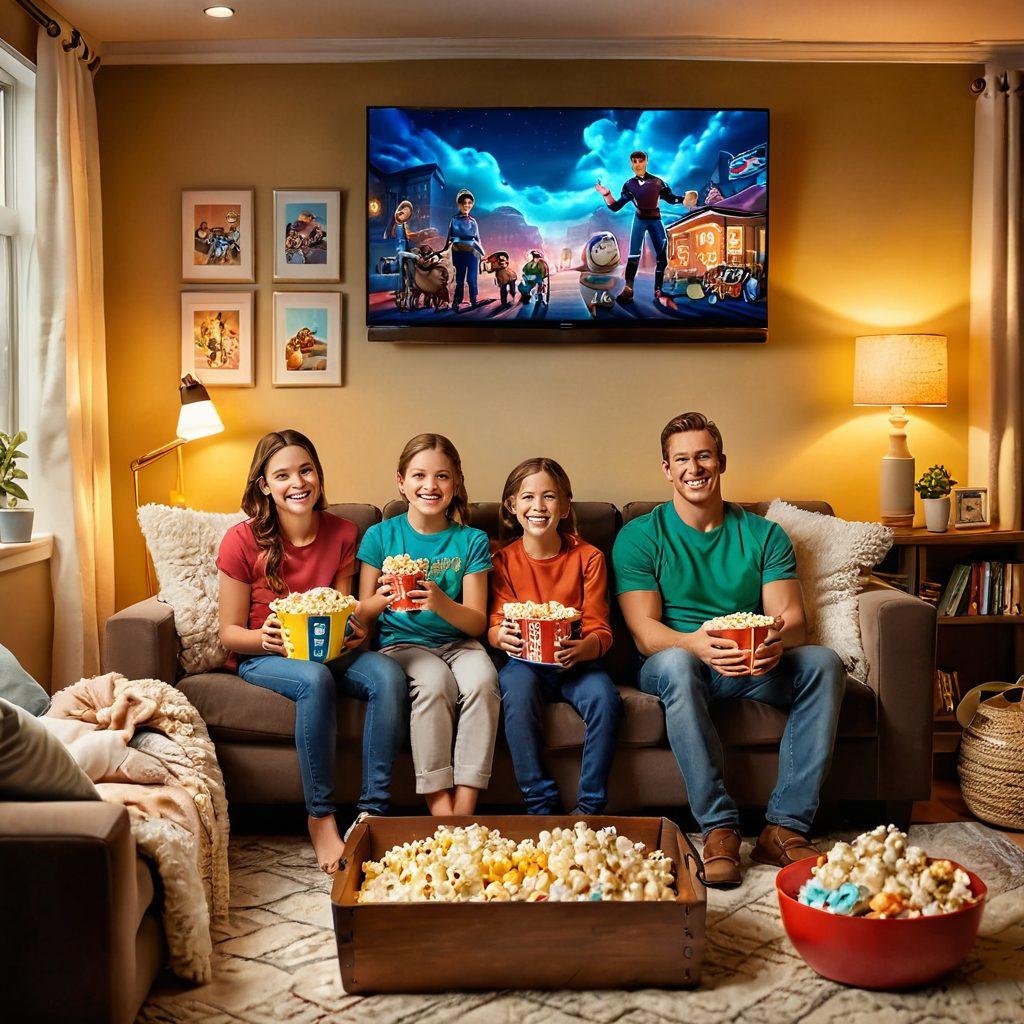 A cozy living room scene with a family gathered around a large TV, watching animated movies. The children are laughing, holding popcorn, while their parents look on with smiles. Colorful movie posters adorn the walls, featuring popular animated films. Soft lighting creates a warm, inviting atmosphere. The room is sprinkled with cute animated character plushies. super-realistic. vibrant colors. cozy atmosphere.
