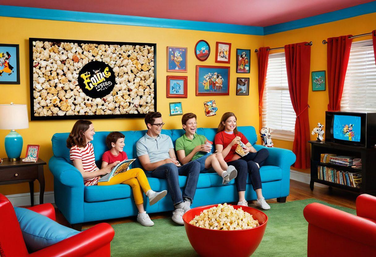 A whimsical collage of beloved classic cartoon characters alongside vibrant new favorites, set in a colorful living room filled with family members enjoying a movie night. Laughter and joy radiate as popcorn flies through the air, creating a warm, nostalgic atmosphere. Incorporate a classic film reel intertwined with a modern digital screen displaying diverse animations. The scene should be bright and engaging, evoking a sense of timeless fun. cartoon style. vibrant colors. playful atmosphere.