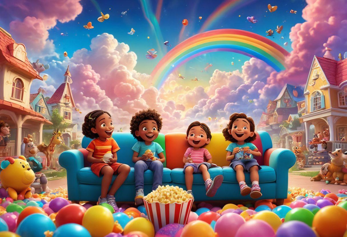 A colorful scene featuring a diverse group of animated children laughing and watching a large screen displaying whimsical cartoon characters. The background is filled with vibrant clouds, playful toys, and a rainbow. Incorporate elements like popcorn and cozy seating to evoke a movie night atmosphere. The overall tone should be joyful and enchanting, inviting viewers into a playful world of laughter. cartoon style, vibrant colors, 3D.